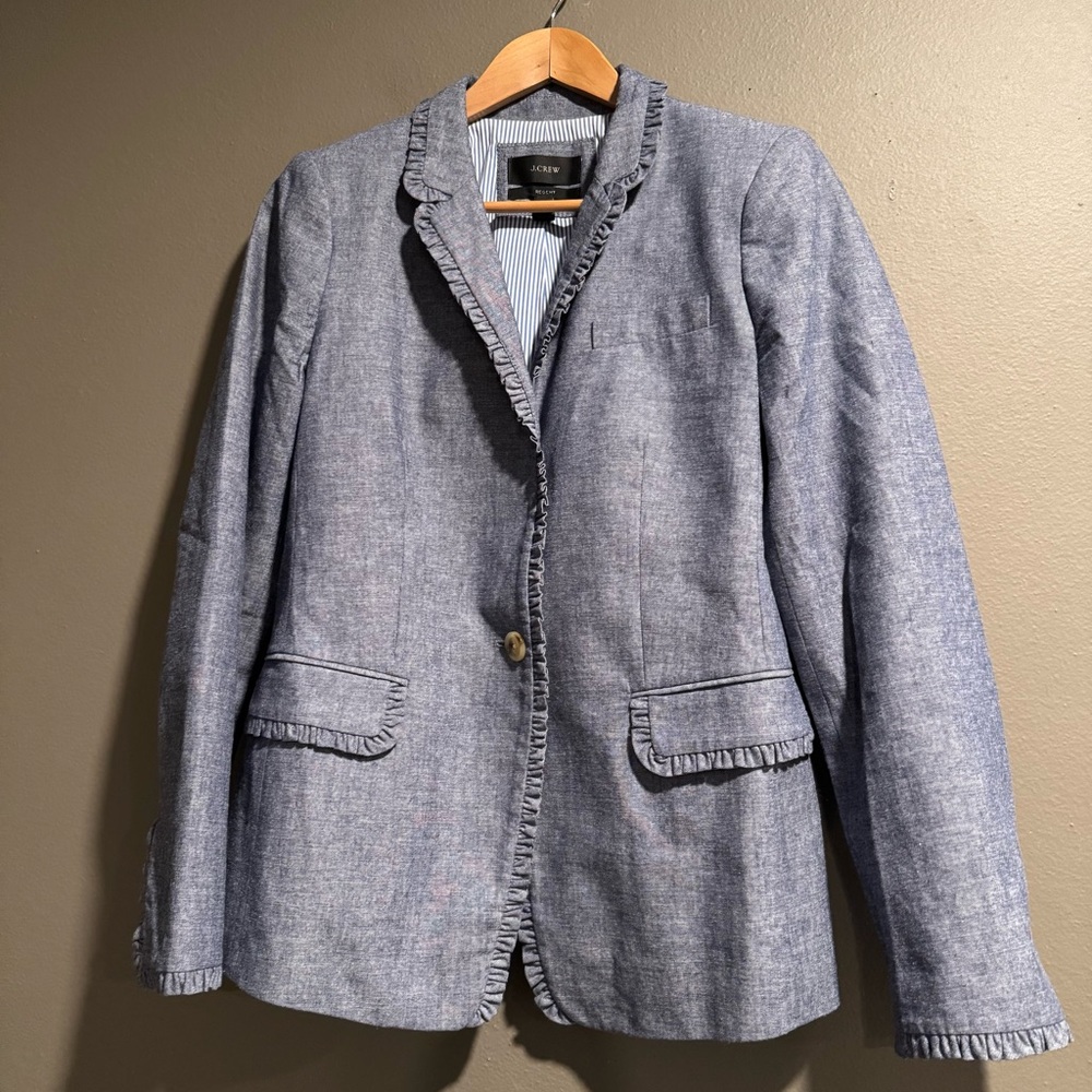Women's Blue 100% Cotton Blazer Jacket With Ruffle Trim Size 8
